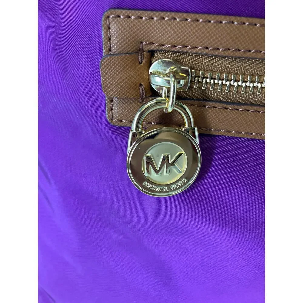 MICHAEL KORS, LARGE PURPLE, BROWN NYLON LOCK CHARM BACKPACK